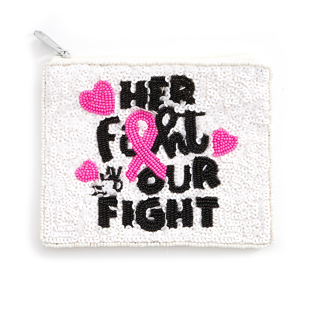 Her Fight Is Our Fight Beaded Pink Ribbon Cancer Mini Pouch Bag
