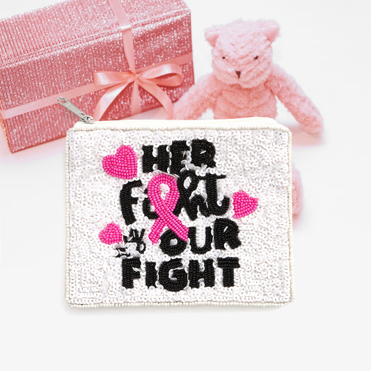 Her Fight Is Our Fight Beaded Pink Ribbon Cancer Mini Pouch Bag