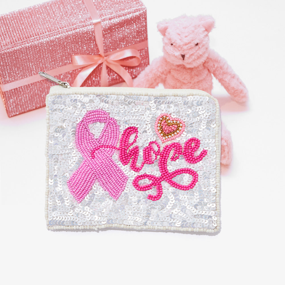 Hope Cancer Sequin Beaded Pink Ribbon Mini Pouch Bag