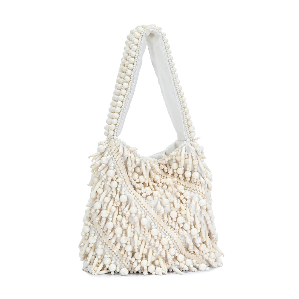 The Averlee Artisan Beaded Mini Bucket Bag in Cream