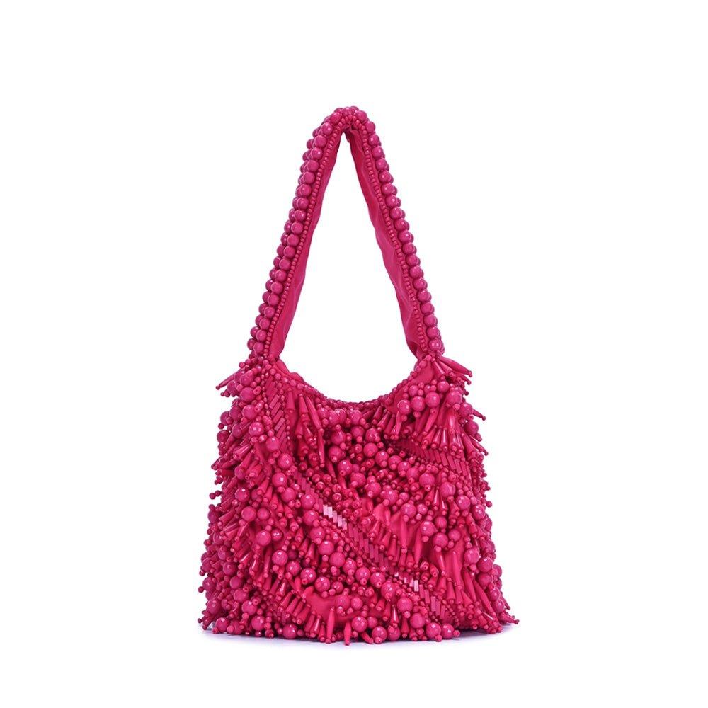 The Averlee Artisan Beaded Mini Bucket Bag in Fuchsia