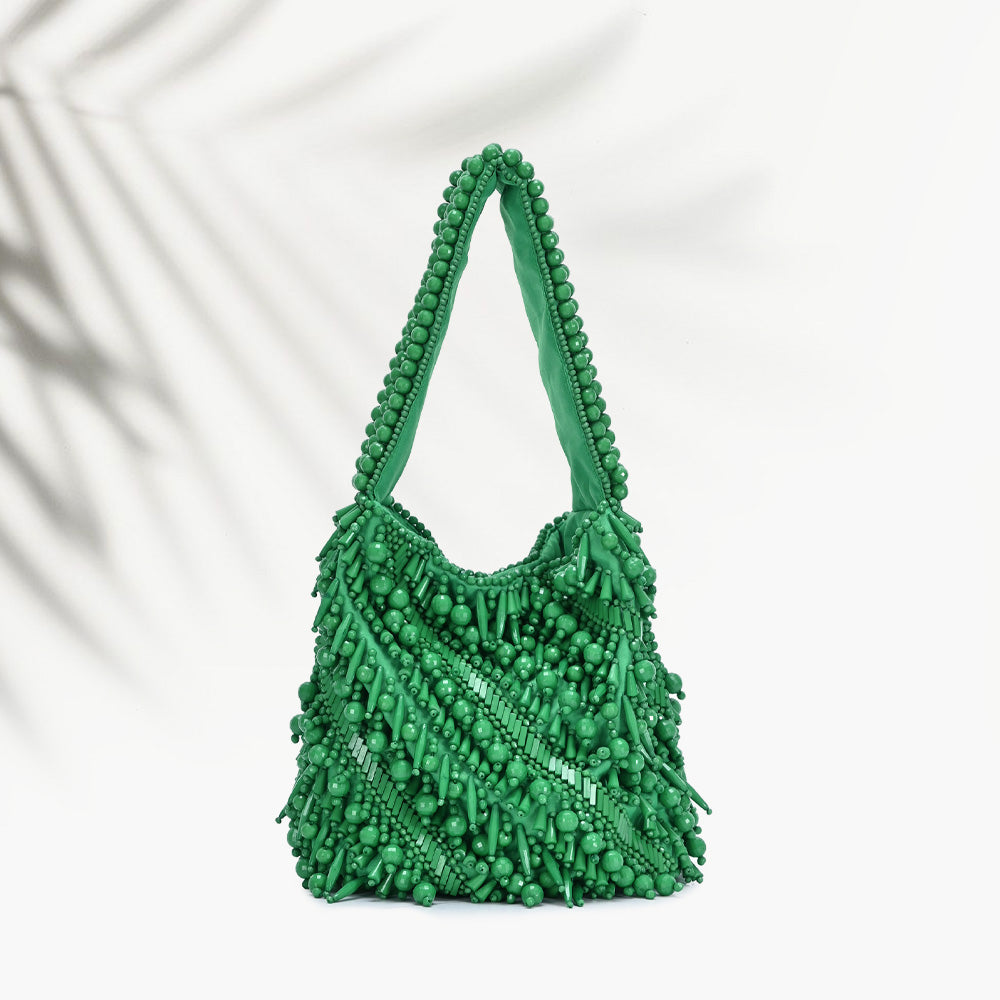 The Averlee Artisan Beaded Mini Bucket Bag in Green