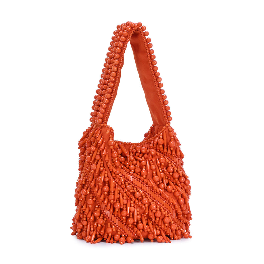 The Averlee Artisan Beaded Mini Bucket Bag in Orange