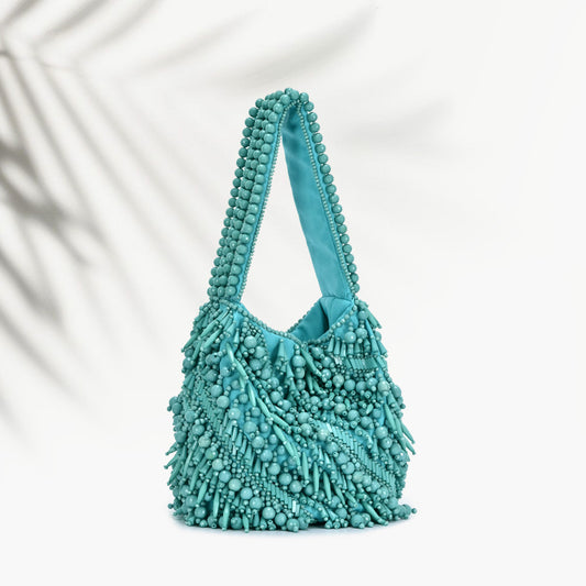 The Averlee Artisan Beaded Mini Bucket Bag in Turquoise