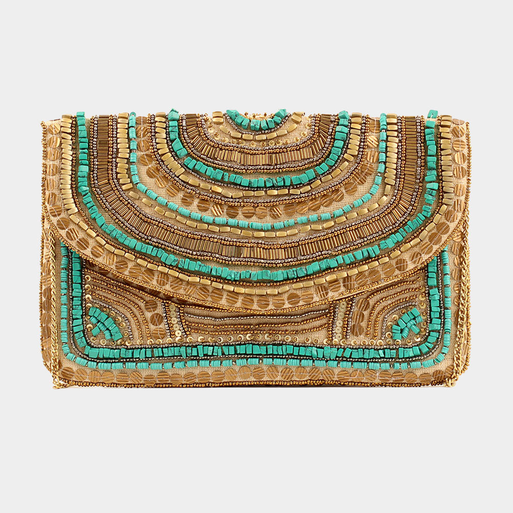 Beaded Natural Stone Turquoise Crossbody Clutch Handbag