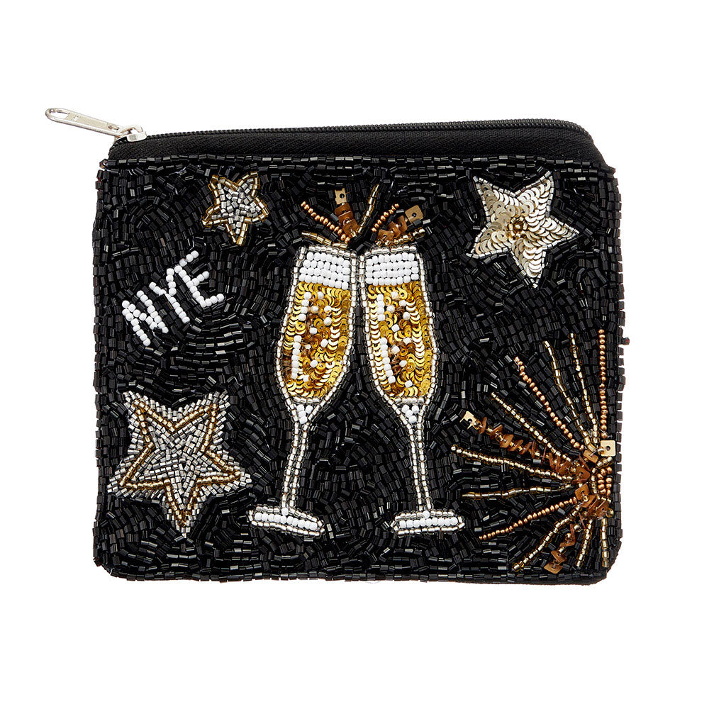 NYE Message Champagne Star Sequin Beaded Mini Pouch Bag