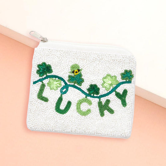 LUCKY St Patrick's Seed Beaded Mini Pouch Bag