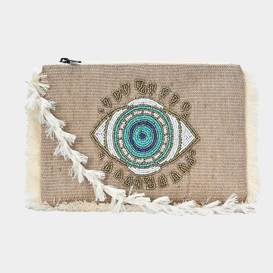 Evil Eye Seed Beaded Fringe Trim Crossbody Handbag