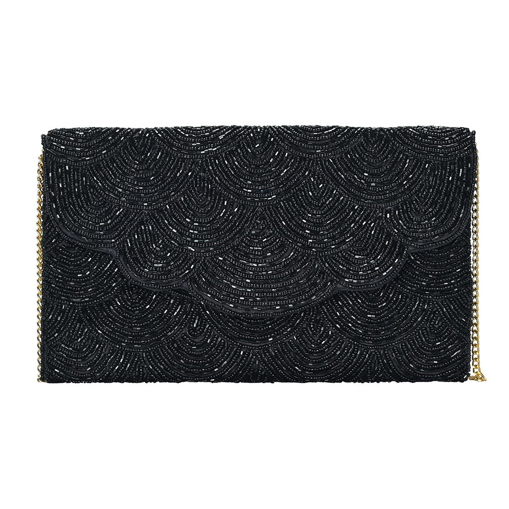 Black Scallop Design Beaded Crossbody Clutch Handbag
