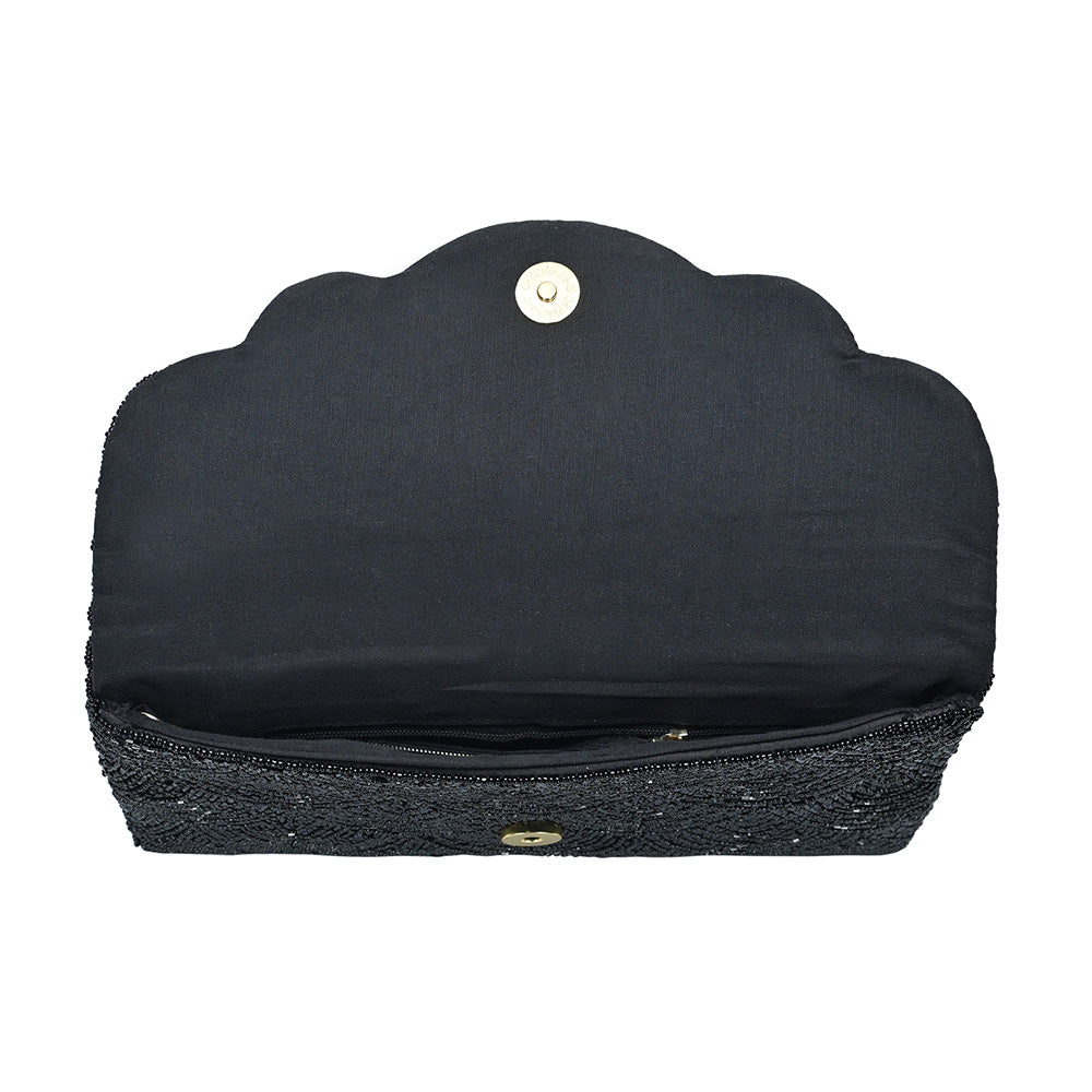 Black Scallop Design Beaded Crossbody Clutch Handbag