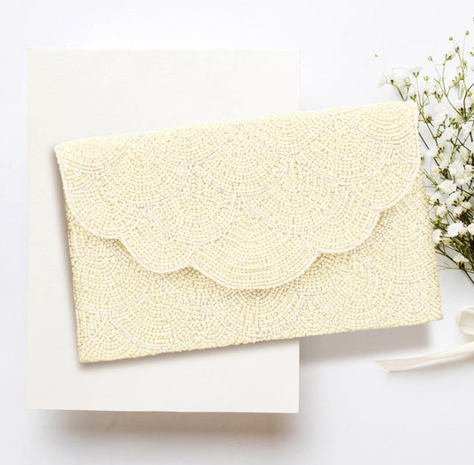Fully Beaded Ivory Scallop Pattern Crossbody Clutch Handbag