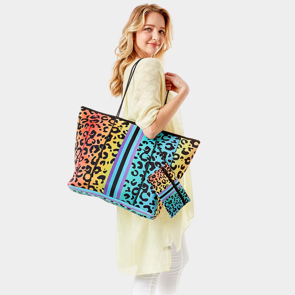 Rainbow Leopard Oversized Tote Bag with Storage Pouch