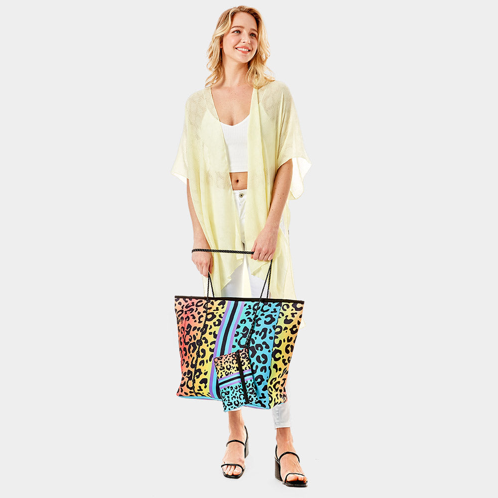 Rainbow Leopard Oversized Tote Bag with Storage Pouch