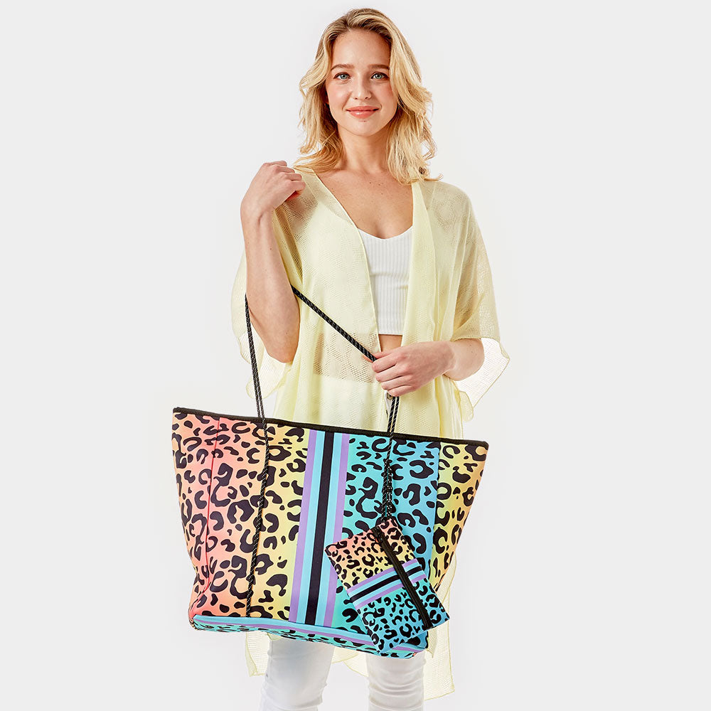 Rainbow Leopard Oversized Tote Bag with Storage Pouch
