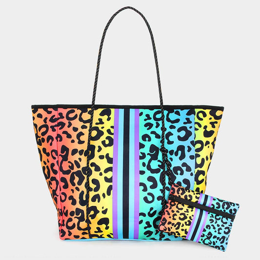 Rainbow Leopard Oversized Tote Bag with Storage Pouch