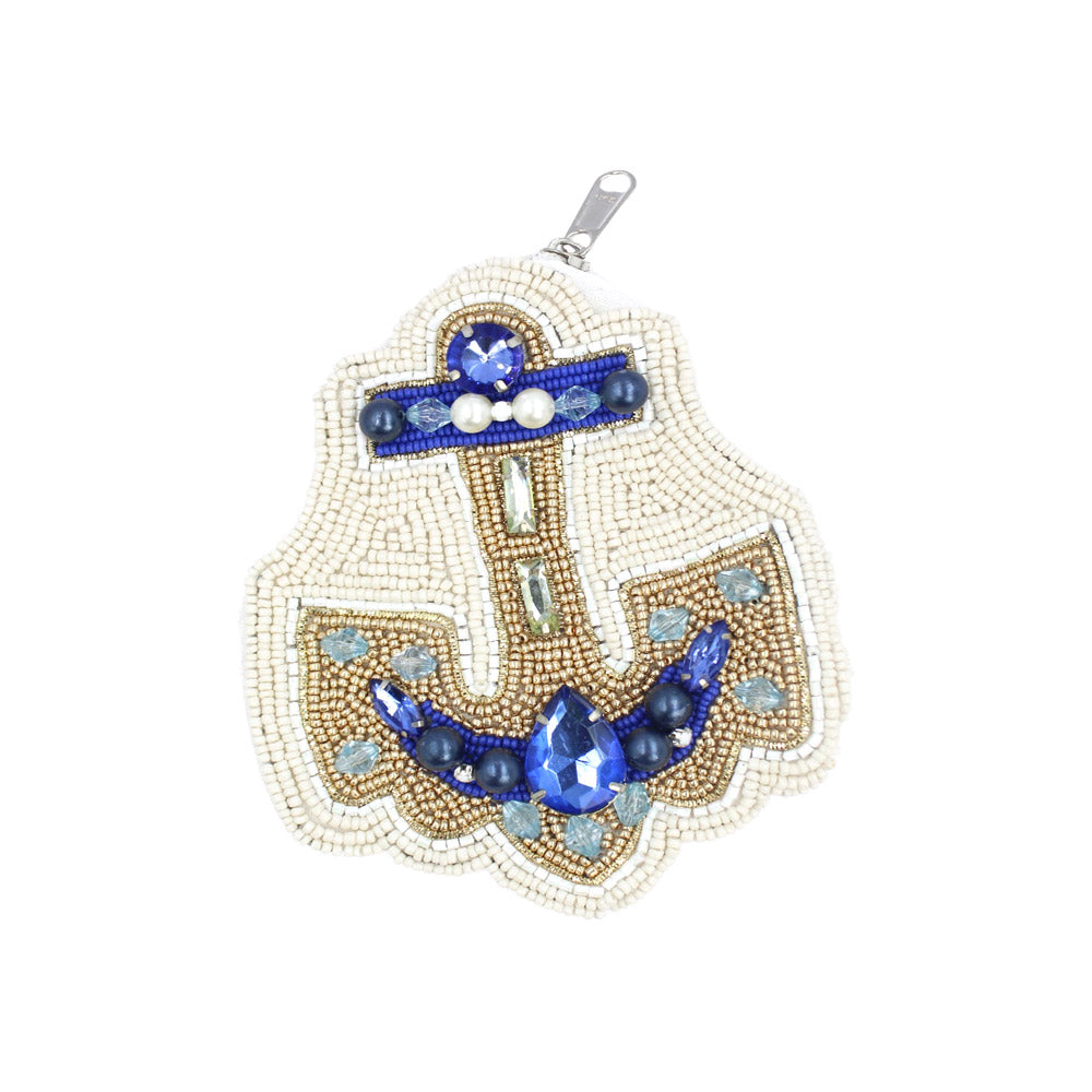 Anchor Theme Beaded Mini Coin Pouch Bag