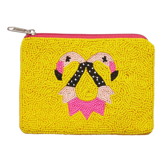 Yellow Pink Flamingo Seed Beaded Mini Pouch Storage Bag