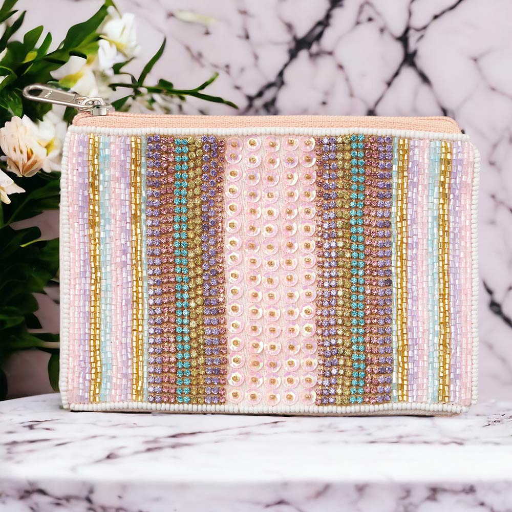 Pink Sequin Seed Beaded Mini Pouch Bag