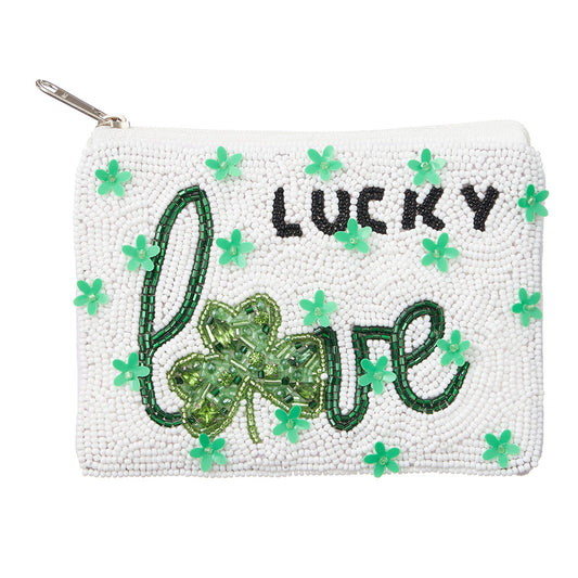 LUCKY LOVE St Patrick's Clover Seed Beaded Mini Pouch Bag