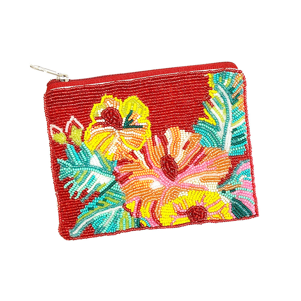 Tropical Flower Seed Beaded Mini Pouch Bag
