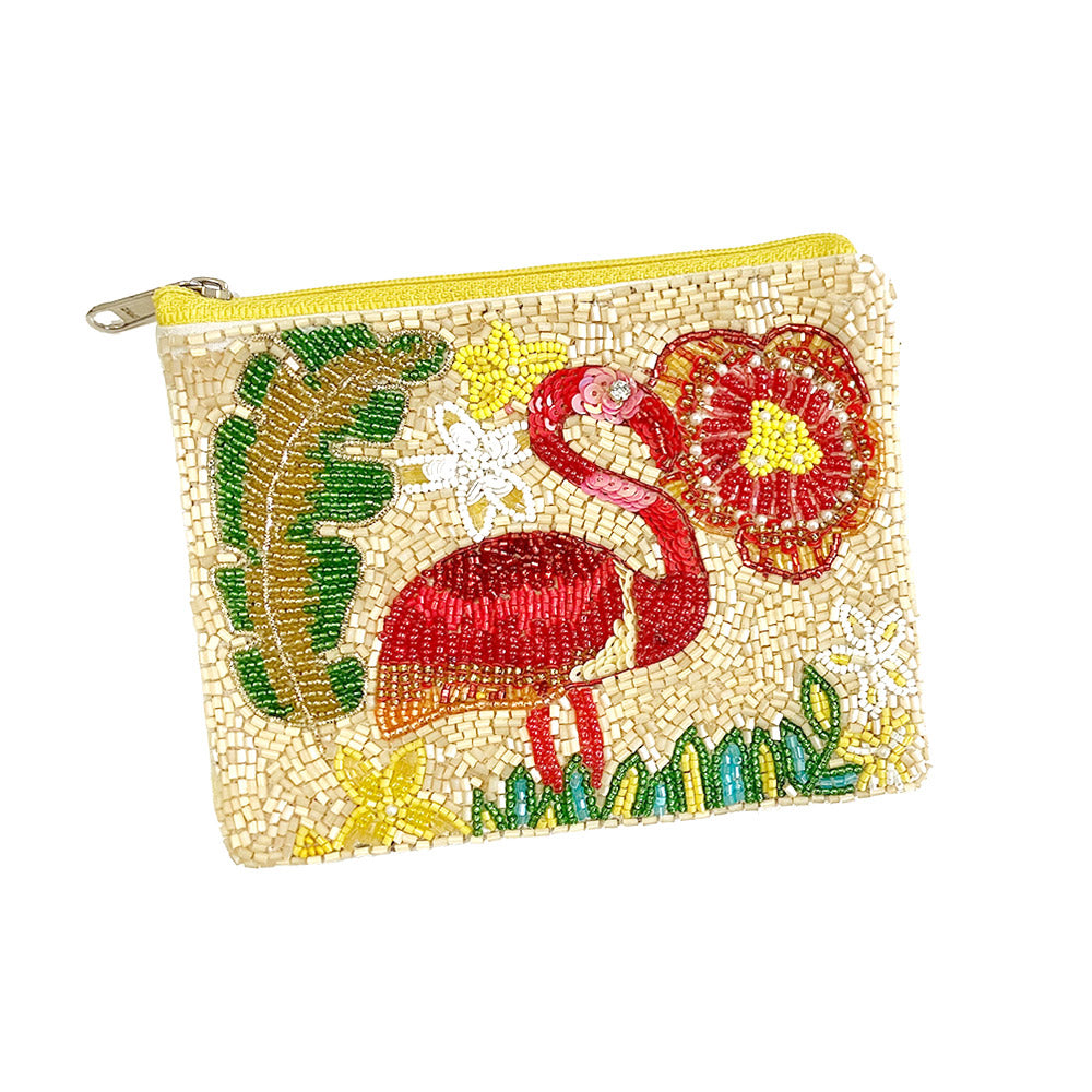 Flamingo Theme Beaded Mini Coin Pouch Bag