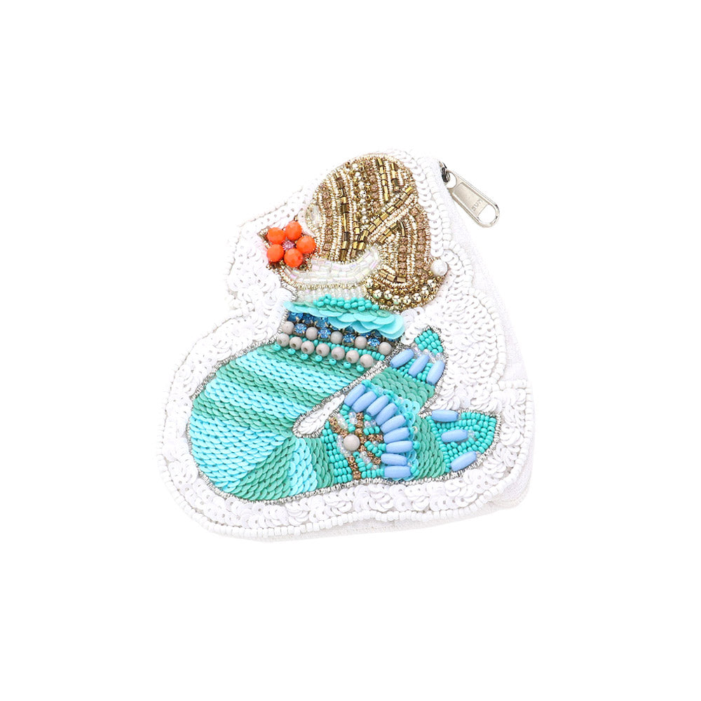 Mermaid Beaded Sequin Accent Mini Coin Pouch Bag