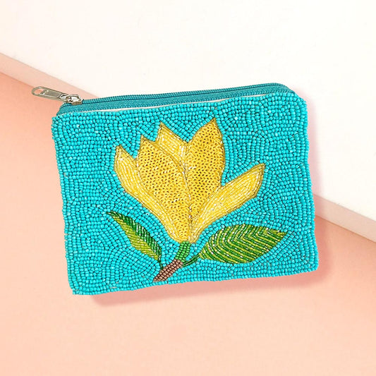 Yellow Flower Beaded Mini Coin Pouch Bag