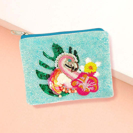 Tropical Floral Flamingo Beaded Mini Pouch Bag