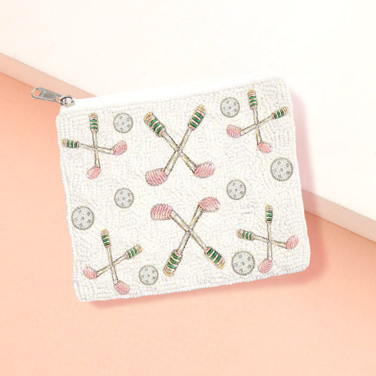 Rhinestone Golf Pattern Seed Beaded Mini Pouch Bag