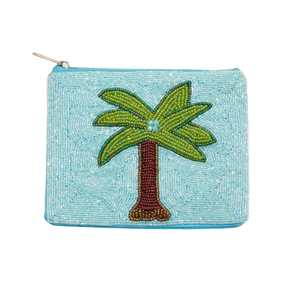 Tropical Palm Tree Beaded Mini Pouch Bag
