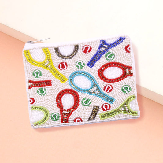 Tennis Racket Rhinestone Beaded Mini Pouch Bag