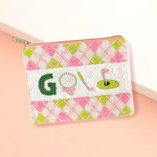 Golf Pattern Seed Beaded Pink Mini Pouch Bag