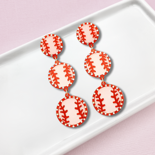 Baseball Theme 3-Tier Dangle Acrylic Rhinestone Earrings