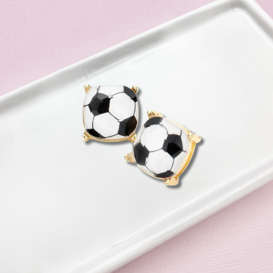 Cushion Cut Glass Bead Soccer Gold Stud Earrings