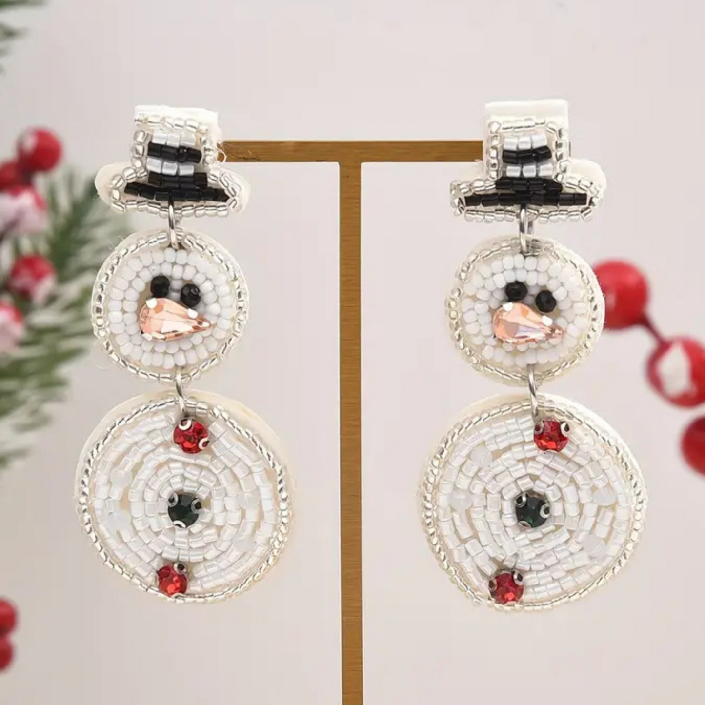Christmas Crystal Seed Beaded Dangle Snowman Earrings