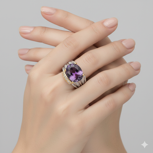 Amethyst Two-Tone Band Statement Ring