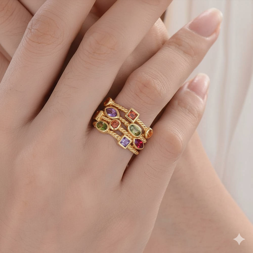 Birthstone Gems CZ Gold Multi Row Ring