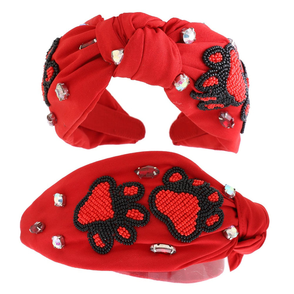 Red Black Beaded Paw Print Football Georgia Colors Headband