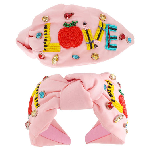 TEACHER LOVE Pink Beaded Crystal Top Knot Headband
