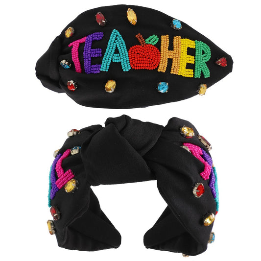 TEACHER Apple Black Beaded Crystal Top Knot Headband