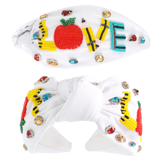 TEACHER LOVE White Beaded Crystal Top Knot Headband