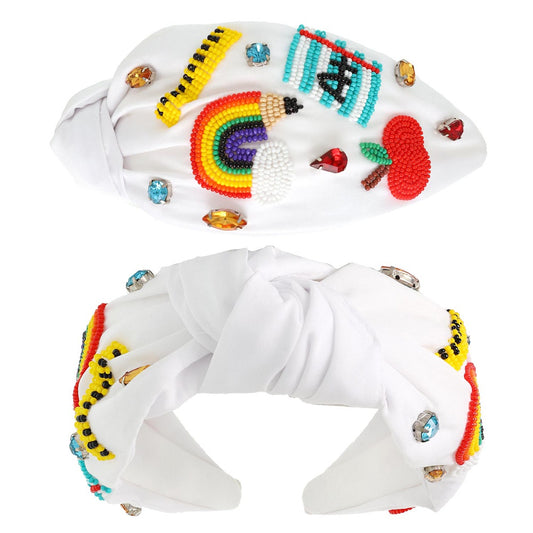 TEACHER Tools White Beaded Crystal Top Knot Headband
