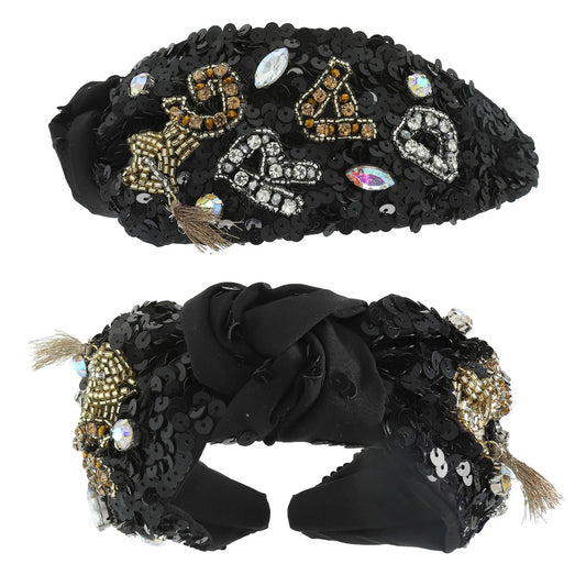 GRADUATION Black Bead Sequin Crystal Top Knot Headband