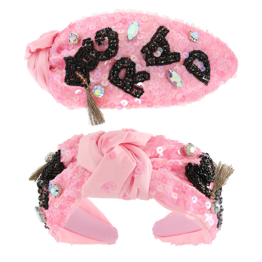 GRADUATION Pink Bead Sequin Crystal Top Knot Headband