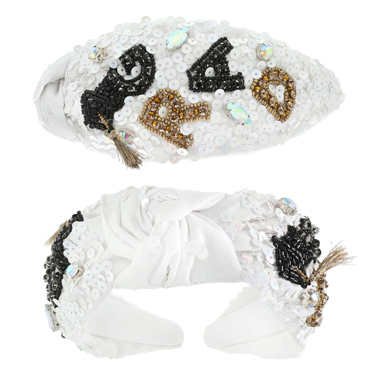 GRADUATION White Bead Sequin Crystal Top Knot Headband