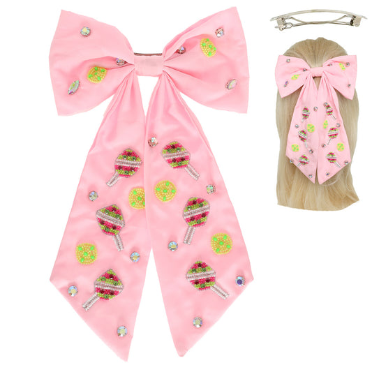 Pickleball Embroidered Bow Barrette Hair Clip