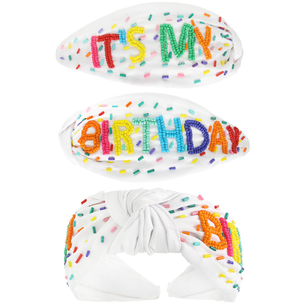 ITS MY BIRTHDAY Beaded Crystal Top Knot Headband