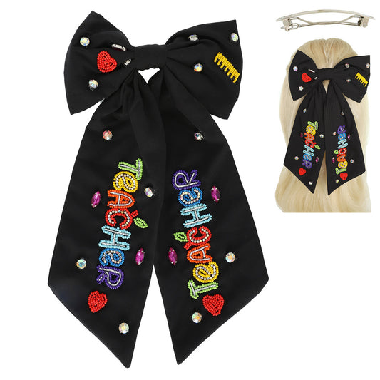 TEACHER Beaded Crystal Bow Shaped Hair Barrette