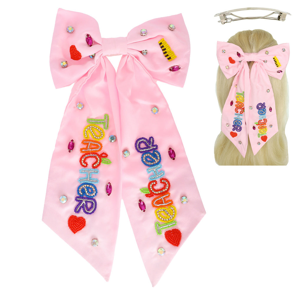 TEACHER Beaded Crystal Bow Shaped Hair Barrette