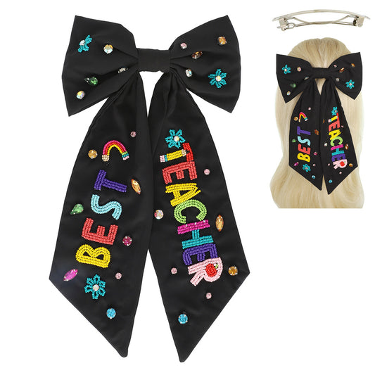 BEST TEACHER Beaded Crystal Bow Shaped Hair Barrette